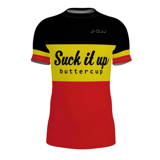 Black, yellow, and red jiu jitsu rash guard with text on a white background