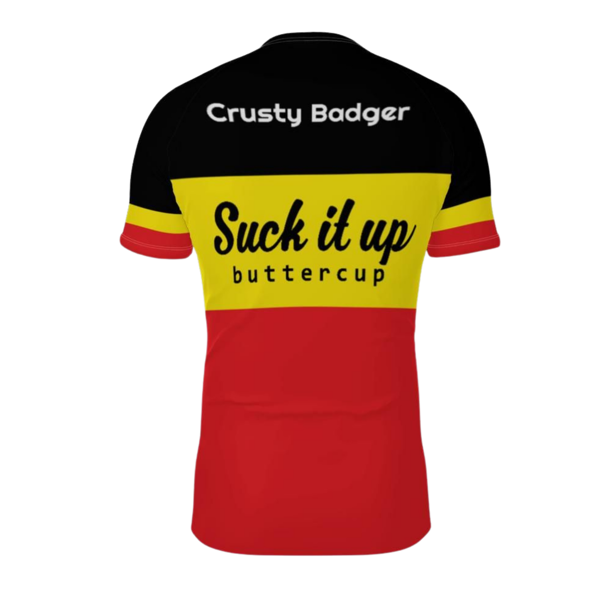 Black, yellow, and red jiu jitsu rash guard with text on a white background