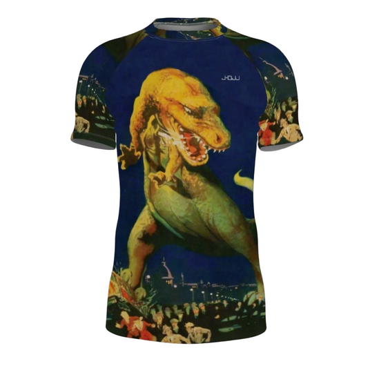 BJJ Rash Guard with dinosaur design on a blue background