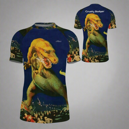 Rash guard for BJJ with dinosaur design on a blue background