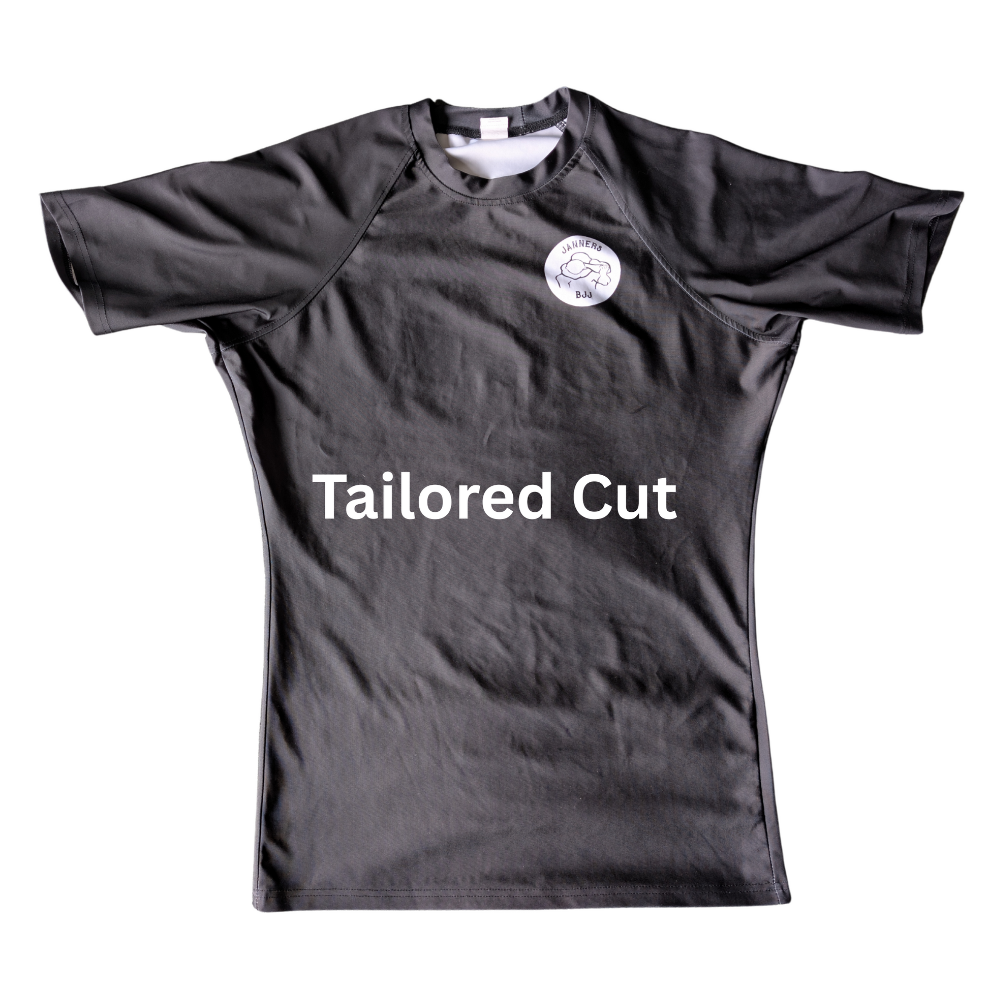 Black jiu jitsu rash guard with 'Tailored Cut' text on a white background