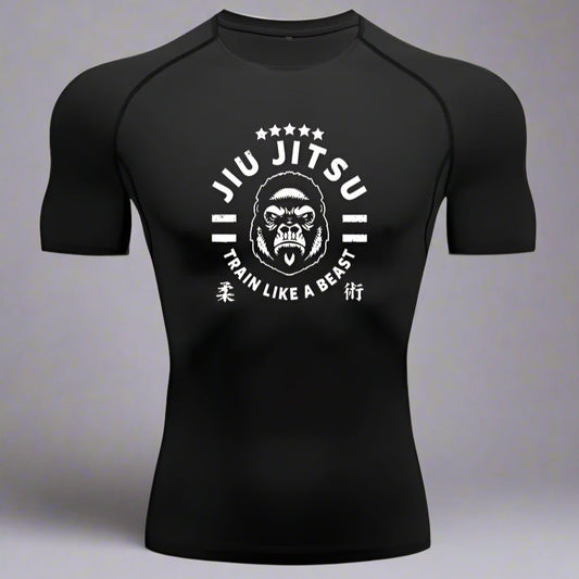 Black Jiu Jitsu rash guard with white graphic on a white background